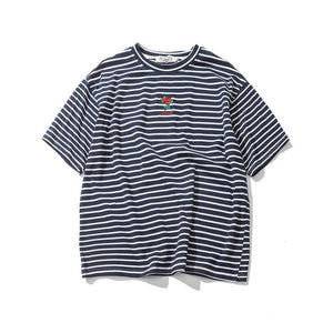 Rose Embroidery Striped T-shirt Grey