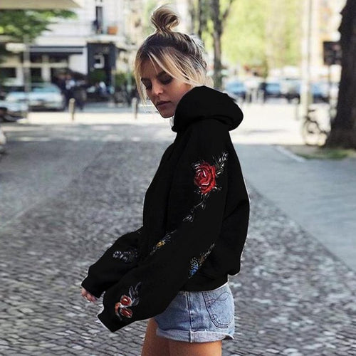 Butterfly Roses Embroidery Hoodie Black