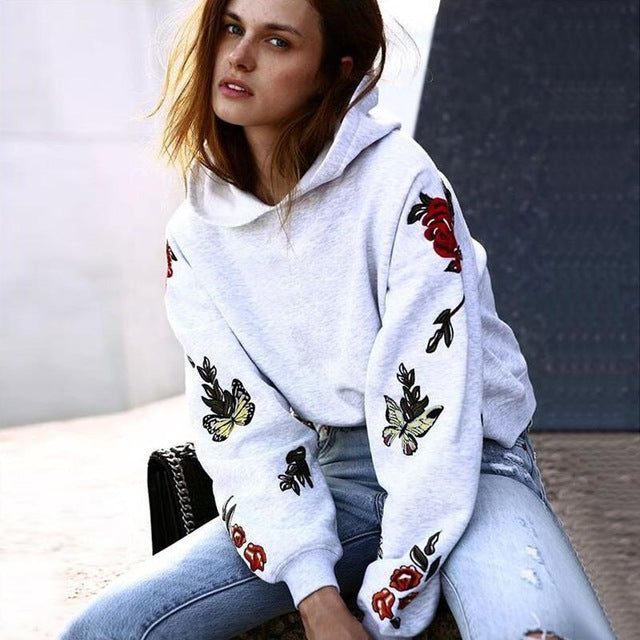 Butterfly Roses Embroidery Hoodie Grey