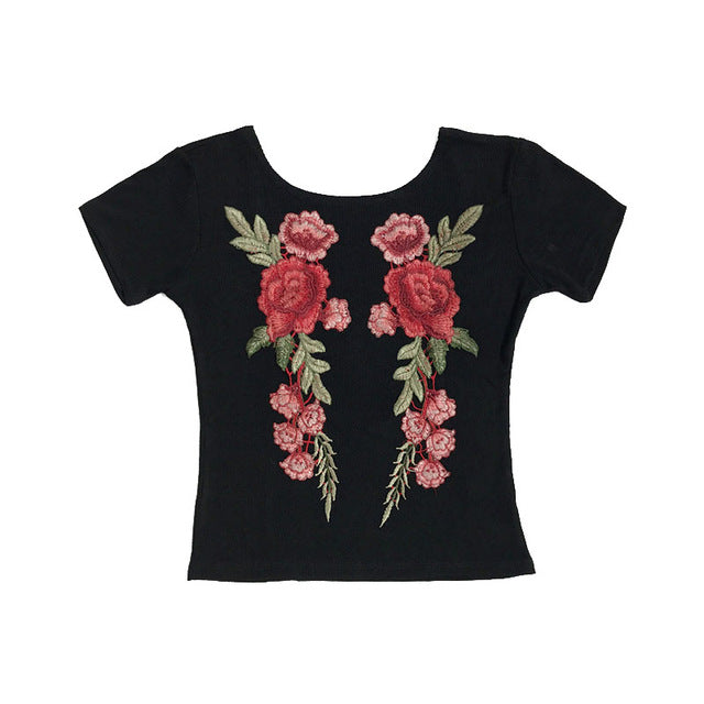 Floral Embroidery Slash Collar T-shirt Black