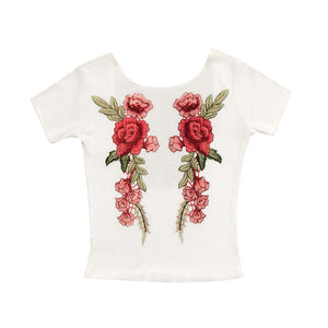 Floral Embroidery Slash Collar T-shirt White