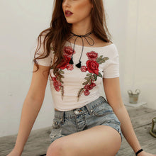 Floral Embroidery Slash Collar T-shirt