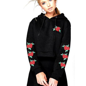 Embroidery Rose Hooded Sweatshirt Black